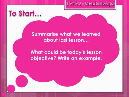 Summarise what we learned about last lesson… What could be today’s lesson objective? Write an example.