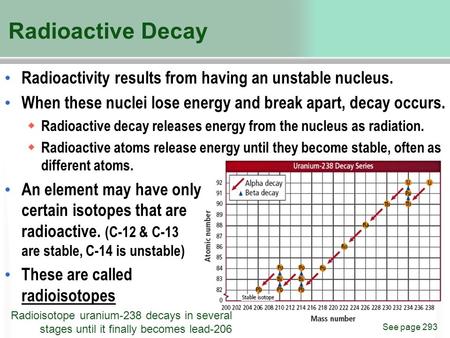 Radioactive Decay Radioactivity results from having an unstable nucleus. When these nuclei lose energy and break apart, decay occurs. Radioactive decay.