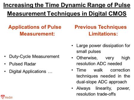 McGill Increasing the Time Dynamic Range of Pulse Measurement Techniques in Digital CMOS Applications of Pulse Measurement: Duty-Cycle Measurement Pulsed.
