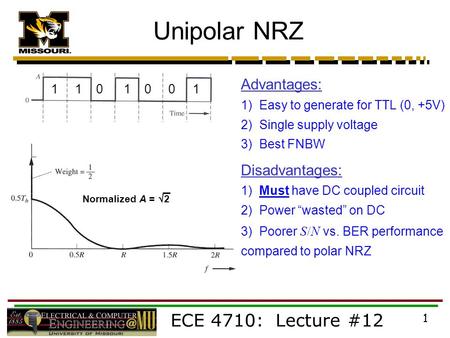 ECE 4710: Lecture #12 1 Normalized A =  2 Unipolar NRZ Advantages: 1) Easy to generate for TTL (0, +5V) 2) Single supply voltage 3) Best FNBW Disadvantages: