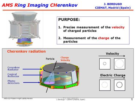 AMS-RICH Detector. J. Berdugo – CIEMAT (Madrid, Spain) 1 AMS-02 Phase II Flight Safety Review AMS Ring Imaging CHerenkov PURPOSE: 1.Precise measurement.