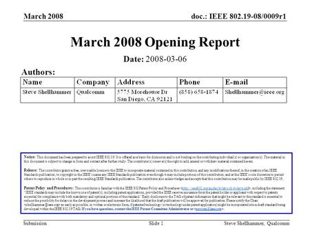 Doc.: IEEE 802.19-08/0009r1 Submission March 2008 Steve Shellhammer, QualcommSlide 1 March 2008 Opening Report Notice: This document has been prepared.