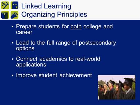 Linked Learning Organizing Principles Prepare students for both college and career Lead to the full range of postsecondary options Connect academics to.