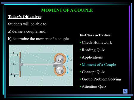 MOMENT OF A COUPLE In-Class activities: Check Homework Reading Quiz Applications Moment of a Couple Concept Quiz Group Problem Solving Attention Quiz Today’s.