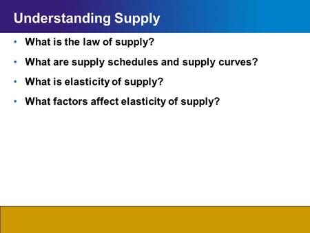 Chapter 5SectionMain Menu Understanding Supply What is the law of supply? What are supply schedules and supply curves? What is elasticity of supply? What.