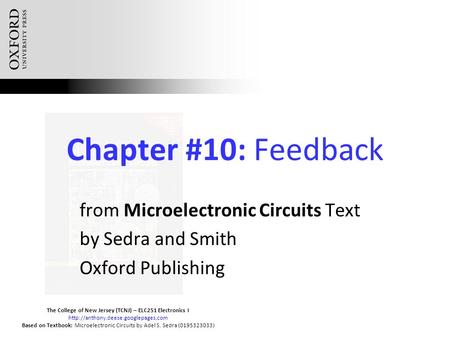 The College of New Jersey (TCNJ) – ELC251 Electronics I  Based on Textbook: Microelectronic Circuits by Adel S. Sedra.