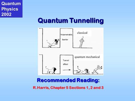 Quantum Tunnelling Quantum Physics 2002 Recommended Reading: R.Harris, Chapter 5 Sections 1, 2 and 3.