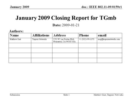 Doc.: IEEE 802.11-09/0159r1 Submission January 2009 Matthew Gast, Trapeze NetworksSlide 1 January 2009 Closing Report for TGmb Date: 2009-01-21 Authors: