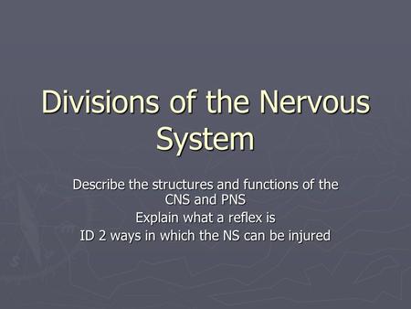 Divisions of the Nervous System Describe the structures and functions of the CNS and PNS Explain what a reflex is ID 2 ways in which the NS can be injured.