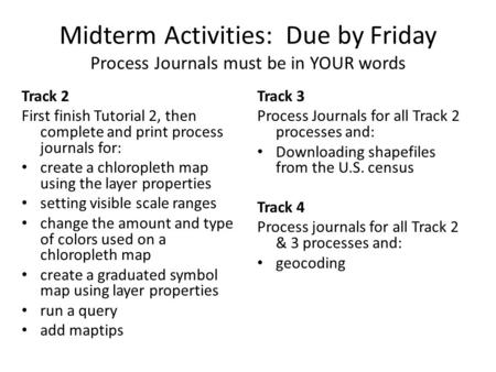 Midterm Activities: Due by Friday Process Journals must be in YOUR words Track 2 First finish Tutorial 2, then complete and print process journals for:
