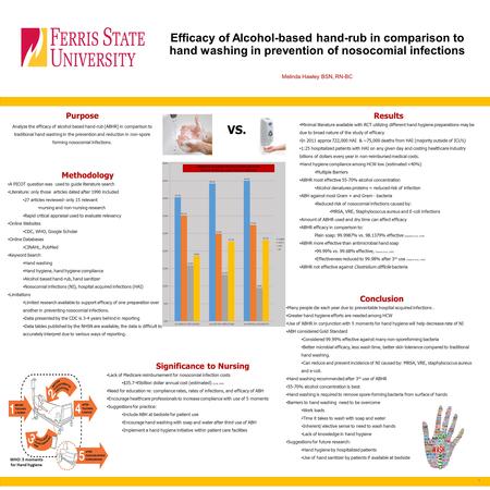 Efficacy of Alcohol-based hand-rub in comparison to hand washing in prevention of nosocomial infections Melinda Hawley BSN, RN-BC Purpose Analyze the.