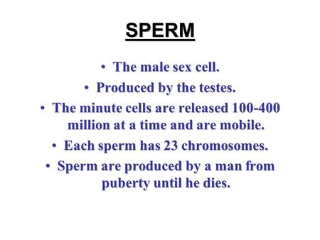 SPERM The male sex cell.The male sex cell. Produced by the testes.Produced by the testes. The minute cells are released 100-400 million at a time and are.