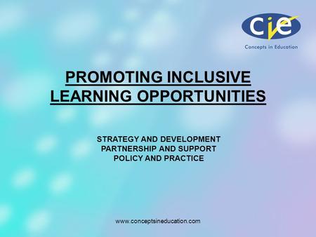 Www.conceptsineducation.com STRATEGY AND DEVELOPMENT PARTNERSHIP AND SUPPORT POLICY AND PRACTICE PROMOTING INCLUSIVE LEARNING OPPORTUNITIES.