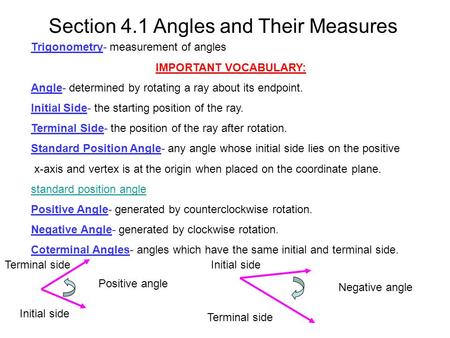Section 4.1 Angles and Their Measures Trigonometry- measurement of angles IMPORTANT VOCABULARY: Angle- determined by rotating a ray about its endpoint.