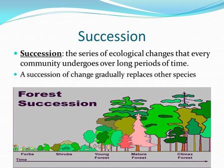 Succession Succession: the series of ecological changes that every community undergoes over long periods of time. A succession of change gradually replaces.