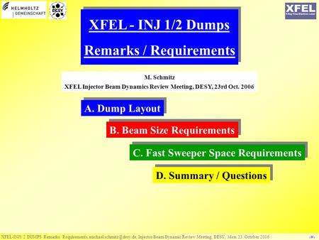 XFEL-INJ1/2 DUMPS Remarks / Requirements, Injector Beam Dynamic Review Meeting, DESY, Mon. 23. October 2006 ‹#› XFEL - INJ 1/2.