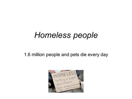 Homeless people 1.6 million people and pets die every day.
