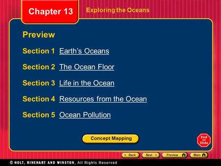 Chapter 13 Preview Section 1 Earth’s Oceans Section 2 The Ocean Floor
