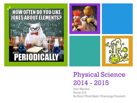 + Physical Science 2014 - 2015 Mrs. Hansen Room 315 Be Kind. Work Hard. Challenge Yourself.