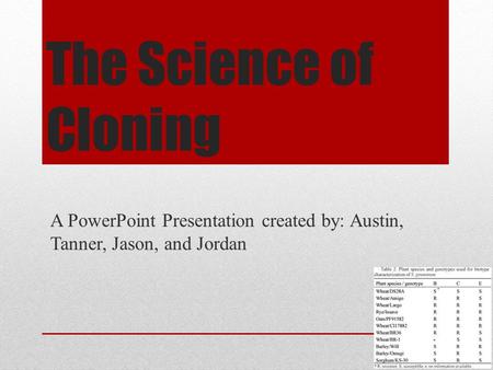 The Science of Cloning A PowerPoint Presentation created by: Austin, Tanner, Jason, and Jordan.