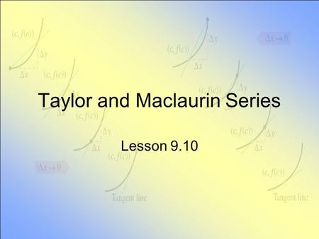 Taylor and Maclaurin Series Lesson 9.10. Convergent Power Series Form Consider representing f(x) by a power series For all x in open interval I Containing.