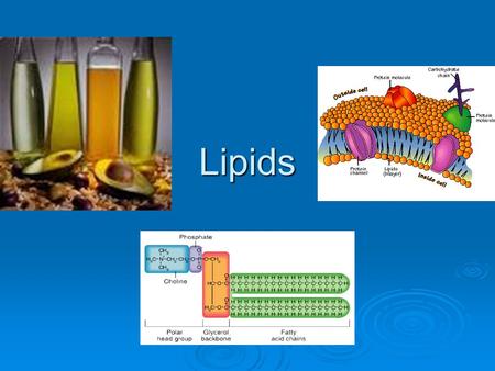Lipids. Characteristics of Lipids  NONPOLAR (neutral)  DO NOT dissolve in water Hydrophobic Hydrophobic (at least part of the molecule)(at least part.