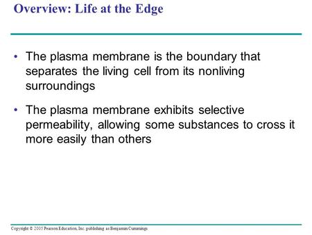 Copyright © 2005 Pearson Education, Inc. publishing as Benjamin Cummings Overview: Life at the Edge The plasma membrane is the boundary that separates.