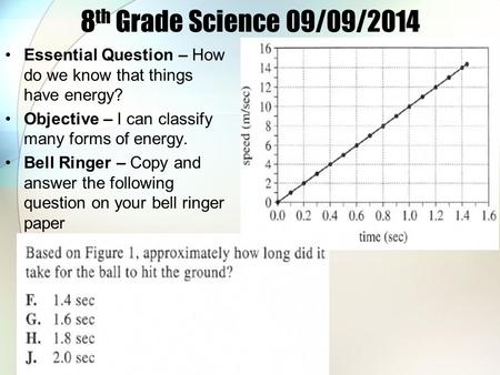 8 th Grade Science 09/09/2014 Essential Question – How do we know that things have energy? Objective – I can classify many forms of energy. Bell Ringer.