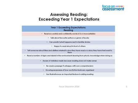Focus Education 20141 Assessing Reading: Exceeding Year 1 Expectations Year 1 Exceeding Expectations: Reading Read accurately and confidently words of.