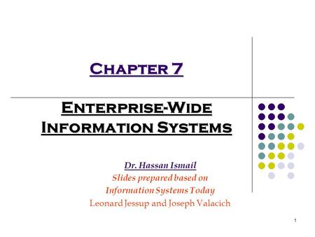 1 Chapter 7 Enterprise-Wide Information Systems Dr. Hassan Ismail Slides prepared based on Information Systems Today Leonard Jessup and Joseph Valacich.