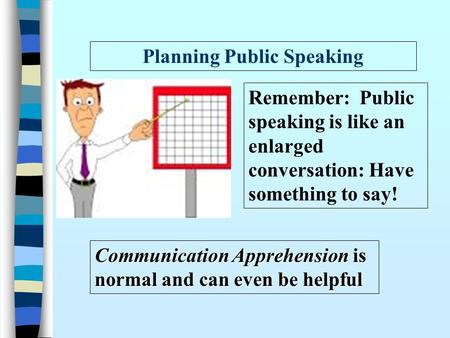 Planning Public Speaking Communication Apprehension is normal and can even be helpful Remember: Public speaking is like an enlarged conversation: Have.