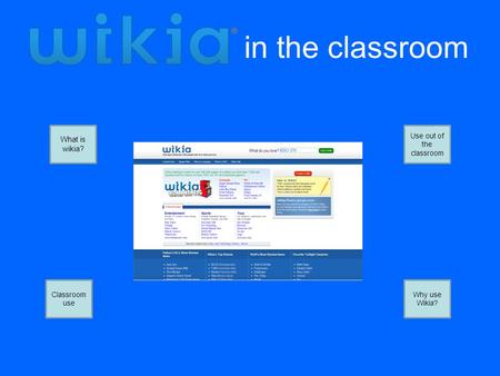 In the classroom What is wikia? Classroom use Use out of the classroom Why use Wikia?
