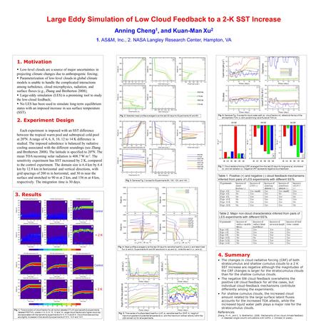 Large Eddy Simulation of Low Cloud Feedback to a 2-K SST Increase Anning Cheng 1, and Kuan-Man Xu 2 1. AS&M, Inc., 2. NASA Langley Research Center, Hampton,