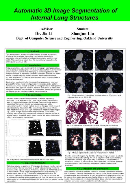 AdvisorStudent Dr. Jia Li Shaojun Liu Dept. of Computer Science and Engineering, Oakland University Automatic 3D Image Segmentation of Internal Lung Structures.