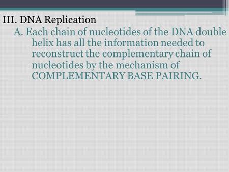 III. DNA Replication A. Each chain of nucleotides of the DNA double helix has all the information needed to reconstruct the complementary chain of nucleotides.
