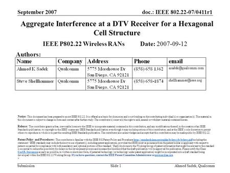 Doc.: IEEE 802.22-07/0411r1 Submission September 2007 Ahmed Sadek, QualcommSlide 1 Aggregate Interference at a DTV Receiver for a Hexagonal Cell Structure.