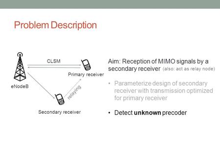Problem Description Primary receiver Secondary receiver eNodeB Aim: Reception of MIMO signals by a secondary receiver Parameterize design of secondary.
