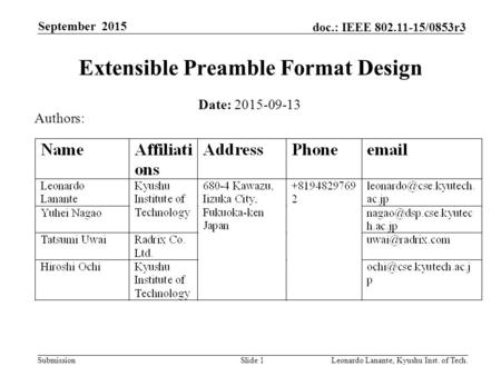 Submission doc.: IEEE 802.11-15/0853r3 September 2015 Leonardo Lanante, Kyushu Inst. of Tech.Slide 1 Extensible Preamble Format Design Date: 2015-09-13.