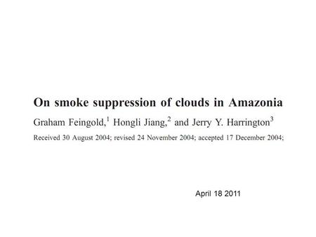 April 18 2011. Hansen et al. [1997] proposed that absorbing aerosol may reduce cloudiness by modifying the heating rate profiles of the atmosphere. Absorbing.