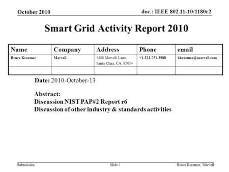 Doc.: IEEE 802.11-10/1180r2 Submission October 2010 Bruce Kraemer, MarvellSlide 1 Smart Grid Activity Report 2010 Date: 2010-October-13 Abstract: Discussion.