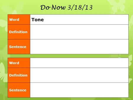 Do Now 3/18/13 Word Tone Definition Sentence Word Definition Sentence.