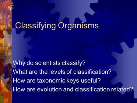 Classifying Organisms Why do scientists classify? What are the levels of classification? How are taxonomic keys useful? How are evolution and classification.