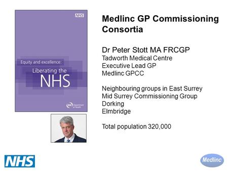 Medlinc GP Commissioning Consortia Dr Peter Stott MA FRCGP Tadworth Medical Centre Executive Lead GP Medlinc GPCC Neighbouring groups in East Surrey Mid.