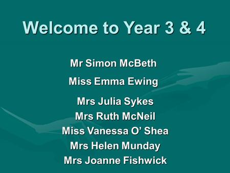 Mr Simon McBeth Miss Emma Ewing Mrs Julia Sykes Mrs Ruth McNeil Miss Vanessa O’ Shea Mrs Helen Munday Mrs Joanne Fishwick Welcome to Year 3 & 4.