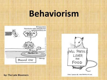 Behaviorism by: The Late Bloomers. A Brief History Developed in the 19 th century by John B Watson – Behavior is a physiological reaction to environmental.