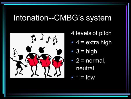Intonation--CMBG’s system 4 levels of pitch 4 = extra high 3 = high 2 = normal, neutral 1 = low.