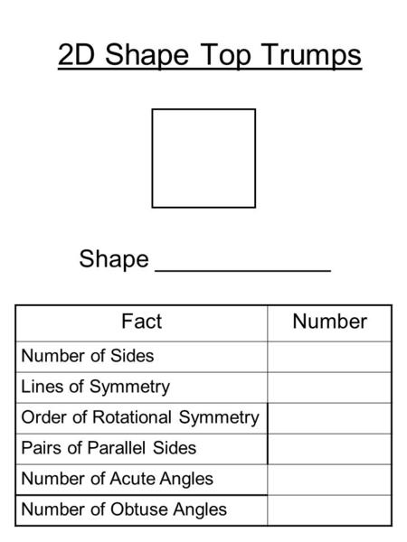 2D Shape Top Trumps Shape _____________ FactNumber Number of Sides Lines of Symmetry Order of Rotational Symmetry Pairs of Parallel Sides Number of Acute.
