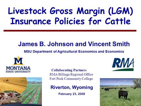 1 Livestock Gross Margin (LGM) Insurance Policies for Cattle James B. Johnson and Vincent Smith MSU Department of Agricultural Economics and Economics.