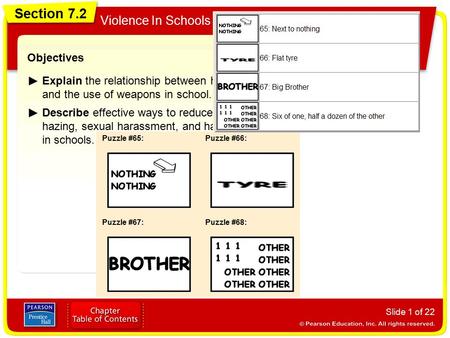 Section 7.2 Violence In Schools Slide 1 of 22 Objectives Explain the relationship between harassment and the use of weapons in school. Describe effective.