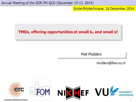 1 TMDs, offering opportunities at small k T and small x! Piet Mulders Annual Meeting of the GDR PH-QCD (December 15-17, 2014) Ecole Polytechnique,